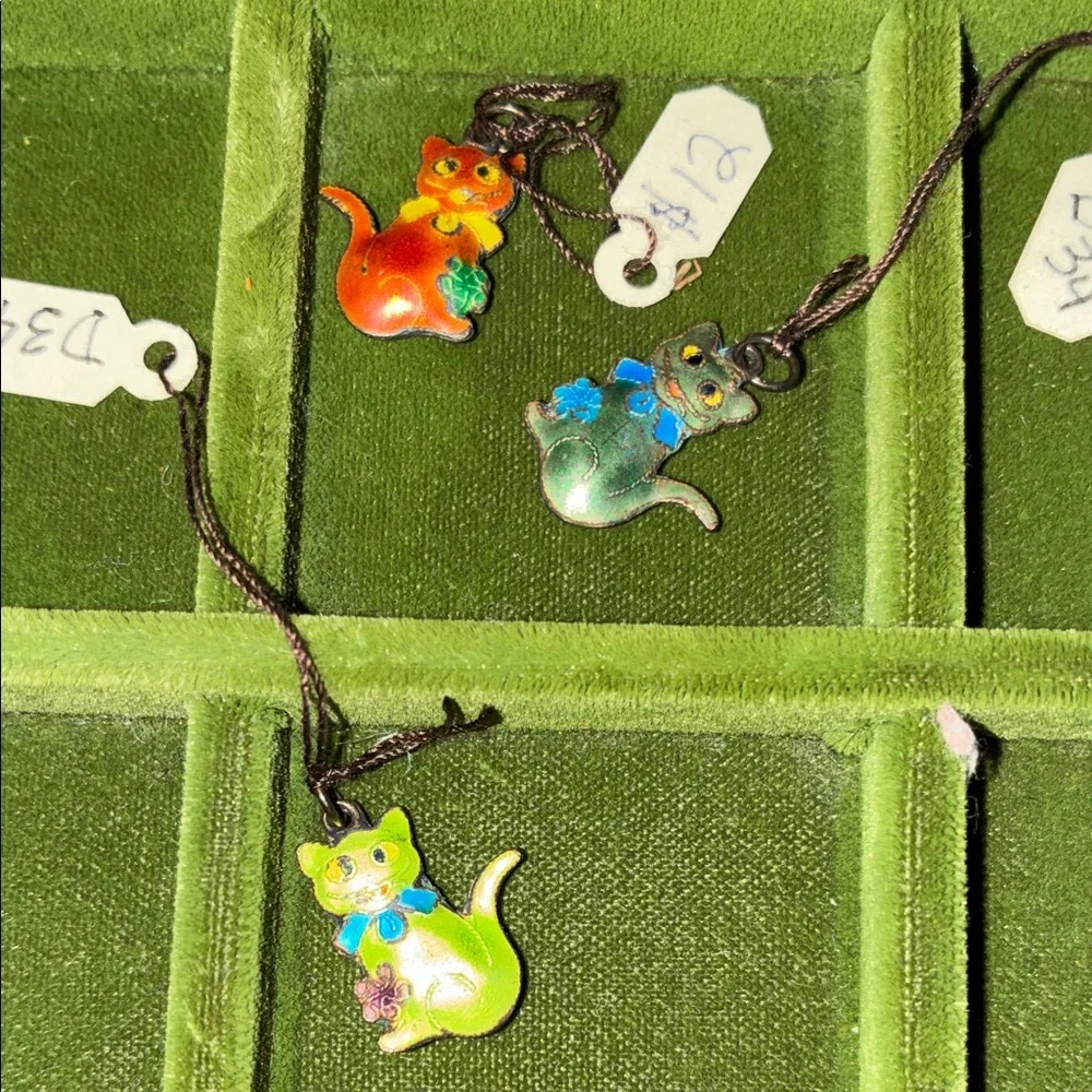 Set of 3 vintage Colorful Cat Pendant Charms, all with original tags from 1980’s